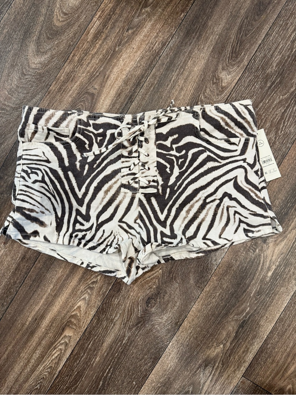 No Boundaries Zebra-Print Lace-Up Jean Shorts - Black & White